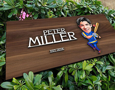 BK Gift Kişiye Özel Erkek Beyzbolcu Karikatürlü Kabartma Tasarım Antik Ceviz Ahşap Tabela-1, Dekoratif Tabela, Rustik Ev Dekorasyonu, Duvar Dekoru