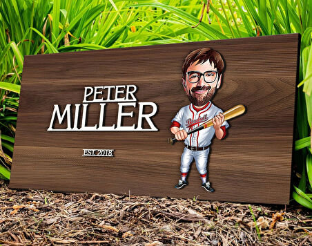 BK Gift Kişiye Özel Erkek Beyzbolcu Karikatürlü Kabartma Tasarım Antik Ceviz Ahşap Tabela-2, Dekoratif Tabela, Rustik Ev Dekorasyonu, Duvar Dekoru