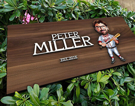 BK Gift Kişiye Özel Erkek Beyzbolcu Karikatürlü Kabartma Tasarım Antik Ceviz Ahşap Tabela-2, Dekoratif Tabela, Rustik Ev Dekorasyonu, Duvar Dekoru
