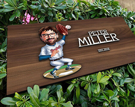 BK Gift Kişiye Özel Erkek Beyzbolcu Karikatürlü Kabartma Tasarım Antik Ceviz Ahşap Tabela-3, Dekoratif Tabela, Rustik Ev Dekorasyonu, Duvar Dekoru