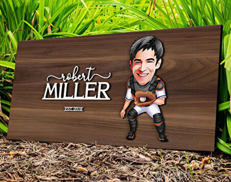 BK Gift Kişiye Özel Erkek Beyzbolcu Karikatürlü Kabartma Tasarım Antik Ceviz Ahşap Tabela-4, Dekoratif Tabela, Rustik Ev Dekorasyonu, Duvar Dekoru