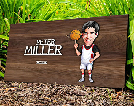 BK Gift Kişiye Özel Erkek Basketçi Karikatürlü Kabartma Tasarım Antik Ceviz Ahşap Tabela-1, Dekoratif Tabela, Rustik Ev Dekorasyonu, Duvar Dekoru