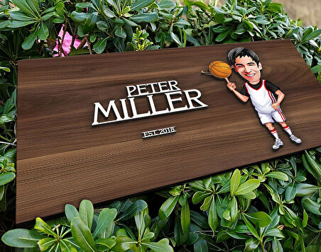 BK Gift Kişiye Özel Erkek Basketçi Karikatürlü Kabartma Tasarım Antik Ceviz Ahşap Tabela-1, Dekoratif Tabela, Rustik Ev Dekorasyonu, Duvar Dekoru