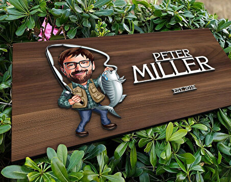 BK Gift Kişiye Özel Erkek Balıkçı Karikatürlü Kabartma Tasarım Antik Ceviz Ahşap Tabela-1, Dekoratif Tabela, Rustik Ev Dekorasyonu, Duvar Dekoru