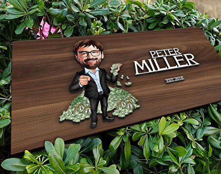 BK Gift Kişiye Özel Erkek Bankacı Karikatürlü Kabartma Tasarım Antik Ceviz Ahşap Tabela-1, Dekoratif Tabela, Rustik Ev Dekorasyonu, Duvar Dekoru