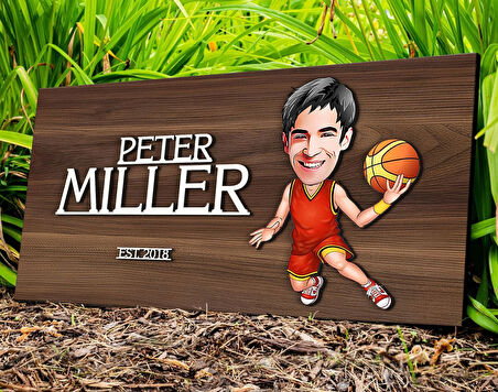 BK Gift Kişiye Özel Erkek Basketbolcu Karikatürlü Kabartma Tasarım Antik Ceviz Ahşap Tabela-1, Dekoratif Tabela, Rustik Ev Dekorasyonu, Duvar Dekoru