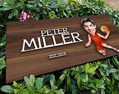 BK Gift Kişiye Özel Erkek Basketbolcu Karikatürlü Kabartma Tasarım Antik Ceviz Ahşap Tabela-1, Dekoratif Tabela, Rustik Ev Dekorasyonu, Duvar Dekoru