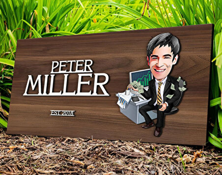 BK Gift Kişiye Özel Erkek Borsacı Karikatürlü Kabartma Tasarım Antik Ceviz Ahşap Tabela-1, Dekoratif Tabela, Rustik Ev Dekorasyonu, Duvar Dekoru