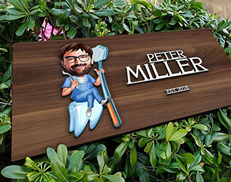 BK Gift Kişiye Özel Erkek Diş Hekimi Karikatürlü Kabartma Tasarım Antik Ceviz Ahşap Tabela-1, Dekoratif Tabela, Rustik Ev Dekorasyonu, Duvar Dekoru