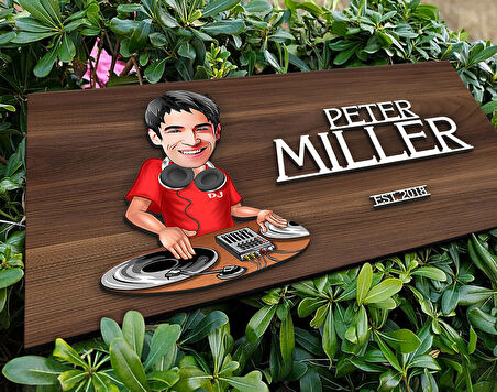 BK Gift Kişiye Özel Erkek Dj Karikatürlü Kabartma Tasarım Antik Ceviz Ahşap Tabela-1, Dekoratif Tabela, Rustik Ev Dekorasyonu, Duvar Dekoru