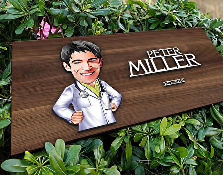 BK Gift Kişiye Özel Erkek Doktor Karikatürlü Kabartma Tasarım Antik Ceviz Ahşap Tabela-2, Dekoratif Tabela, Rustik Ev Dekorasyonu, Duvar Dekoru