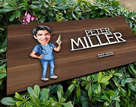 BK Gift Kişiye Özel Erkek Doktor Karikatürlü Kabartma Tasarım Antik Ceviz Ahşap Tabela-3, Dekoratif Tabela, Rustik Ev Dekorasyonu, Duvar Dekoru