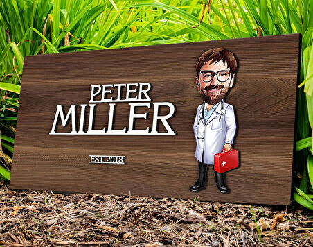 BK Gift Kişiye Özel Erkek Doktor Karikatürlü Kabartma Tasarım Antik Ceviz Ahşap Tabela-4, Dekoratif Tabela, Rustik Ev Dekorasyonu, Duvar Dekoru