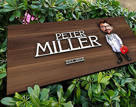 BK Gift Kişiye Özel Erkek Doktor Karikatürlü Kabartma Tasarım Antik Ceviz Ahşap Tabela-4, Dekoratif Tabela, Rustik Ev Dekorasyonu, Duvar Dekoru