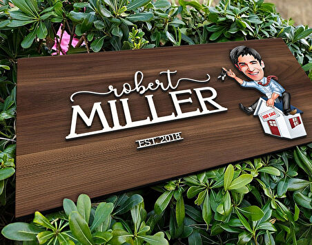 BK Gift Kişiye Özel Erkek Emlakçı Karikatürlü Kabartma Tasarım Antik Ceviz Ahşap Tabela-1, Dekoratif Tabela, Rustik Ev Dekorasyonu, Duvar Dekoru