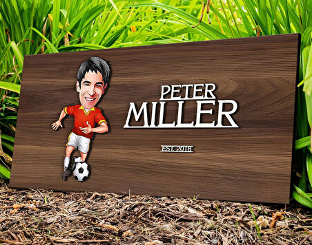 BK Gift Kişiye Özel Erkek Futbolcu Karikatürlü Kabartma Tasarım Antik Ceviz Ahşap Tabela-2, Dekoratif Tabela, Rustik Ev Dekorasyonu, Duvar Dekoru