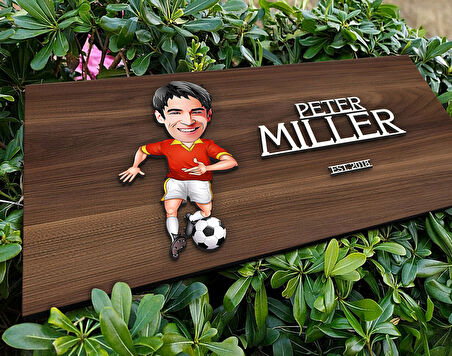 BK Gift Kişiye Özel Erkek Futbolcu Karikatürlü Kabartma Tasarım Antik Ceviz Ahşap Tabela-2, Dekoratif Tabela, Rustik Ev Dekorasyonu, Duvar Dekoru