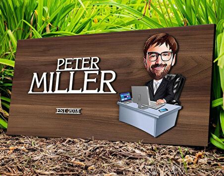 BK Gift Kişiye Özel Erkek Genel Müdür Karikatürlü Kabartma Tasarım Antik Ceviz Ahşap Tabela-1, Dekoratif Tabela, Rustik Ev Dekorasyonu, Duvar Dekoru