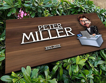 BK Gift Kişiye Özel Erkek Genel Müdür Karikatürlü Kabartma Tasarım Antik Ceviz Ahşap Tabela-1, Dekoratif Tabela, Rustik Ev Dekorasyonu, Duvar Dekoru