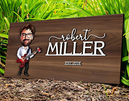 BK Gift Kişiye Özel Erkek Gitarist Karikatürlü Kabartma Tasarım Antik Ceviz Ahşap Tabela-1, Dekoratif Tabela, Rustik Ev Dekorasyonu, Duvar Dekoru