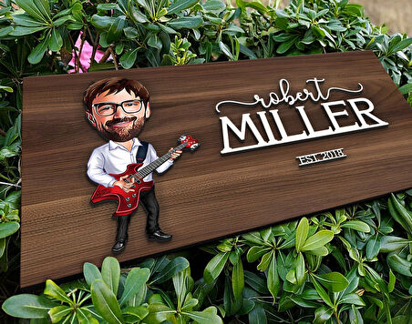 BK Gift Kişiye Özel Erkek Gitarist Karikatürlü Kabartma Tasarım Antik Ceviz Ahşap Tabela-1, Dekoratif Tabela, Rustik Ev Dekorasyonu, Duvar Dekoru