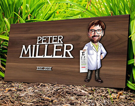 BK Gift Kişiye Özel Erkek Göz Doktoru Karikatürlü Kabartma Tasarım Antik Ceviz Ahşap Tabela-1, Dekoratif Tabela, Rustik Ev Dekorasyonu, Duvar Dekoru