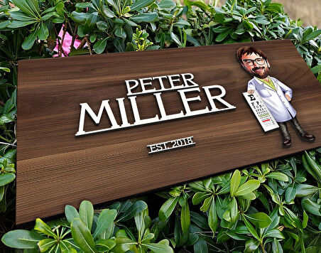 BK Gift Kişiye Özel Erkek Göz Doktoru Karikatürlü Kabartma Tasarım Antik Ceviz Ahşap Tabela-1, Dekoratif Tabela, Rustik Ev Dekorasyonu, Duvar Dekoru