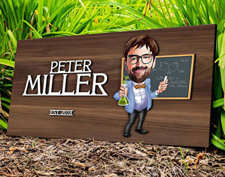 BK Gift Kişiye Özel Erkek Kimya Öğretmeni Karikatürlü Kabartma Tasarım Antik Ceviz Ahşap Tabela-1, Dekoratif Tabela, Rustik Ev Dekorasyonu, Duvar Dekoru