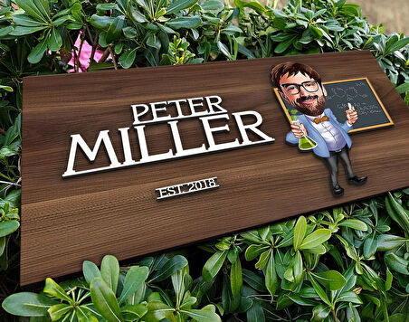 BK Gift Kişiye Özel Erkek Kimya Öğretmeni Karikatürlü Kabartma Tasarım Antik Ceviz Ahşap Tabela-1, Dekoratif Tabela, Rustik Ev Dekorasyonu, Duvar Dekoru