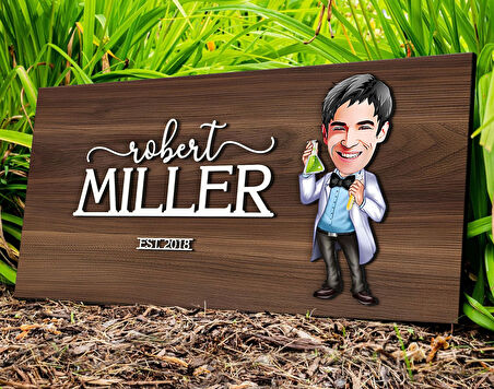 BK Gift Kişiye Özel Erkek Kimya Öğretmeni Karikatürlü Kabartma Tasarım Antik Ceviz Ahşap Tabela-2, Dekoratif Tabela, Rustik Ev Dekorasyonu, Duvar Dekoru