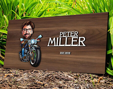 BK Gift Kişiye Özel Erkek Motorcu Karikatürlü Kabartma Tasarım Antik Ceviz Ahşap Tabela-2, Dekoratif Tabela, Rustik Ev Dekorasyonu, Duvar Dekoru