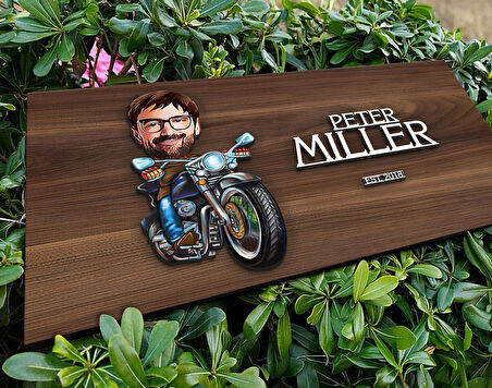 BK Gift Kişiye Özel Erkek Motorcu Karikatürlü Kabartma Tasarım Antik Ceviz Ahşap Tabela-2, Dekoratif Tabela, Rustik Ev Dekorasyonu, Duvar Dekoru