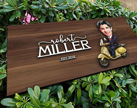 BK Gift Kişiye Özel Erkek Motorcu Karikatürlü Kabartma Tasarım Antik Ceviz Ahşap Tabela-3, Dekoratif Tabela, Rustik Ev Dekorasyonu, Duvar Dekoru