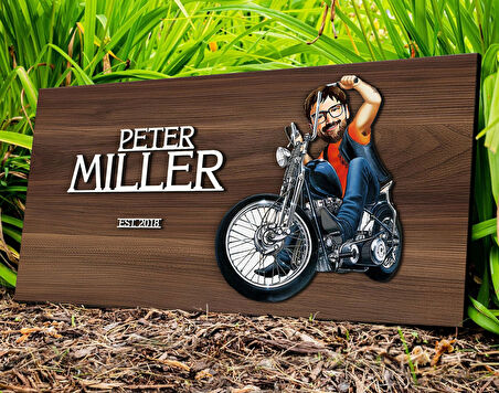 BK Gift Kişiye Özel Erkek Motorcu Karikatürlü Kabartma Tasarım Antik Ceviz Ahşap Tabela-5, Dekoratif Tabela, Rustik Ev Dekorasyonu, Duvar Dekoru