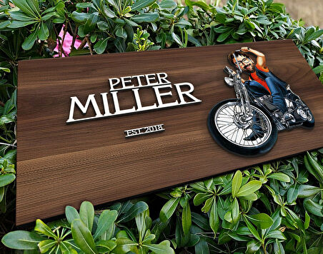 BK Gift Kişiye Özel Erkek Motorcu Karikatürlü Kabartma Tasarım Antik Ceviz Ahşap Tabela-5, Dekoratif Tabela, Rustik Ev Dekorasyonu, Duvar Dekoru