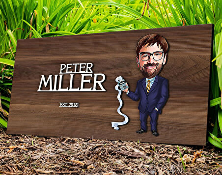 BK Gift Kişiye Özel Erkek Muhasebeci Karikatürlü Kabartma Tasarım Antik Ceviz Ahşap Tabela-1, Dekoratif Tabela, Rustik Ev Dekorasyonu, Duvar Dekoru