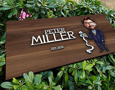 BK Gift Kişiye Özel Erkek Muhasebeci Karikatürlü Kabartma Tasarım Antik Ceviz Ahşap Tabela-1, Dekoratif Tabela, Rustik Ev Dekorasyonu, Duvar Dekoru