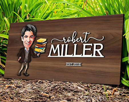 BK Gift Kişiye Özel Erkek Öğretmen Karikatürlü Kabartma Tasarım Antik Ceviz Ahşap Tabela-1, Dekoratif Tabela, Rustik Ev Dekorasyonu, Duvar Dekoru