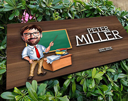 BK Gift Kişiye Özel Erkek Öğretmen Karikatürlü Kabartma Tasarım Antik Ceviz Ahşap Tabela-2, Dekoratif Tabela, Rustik Ev Dekorasyonu, Duvar Dekoru
