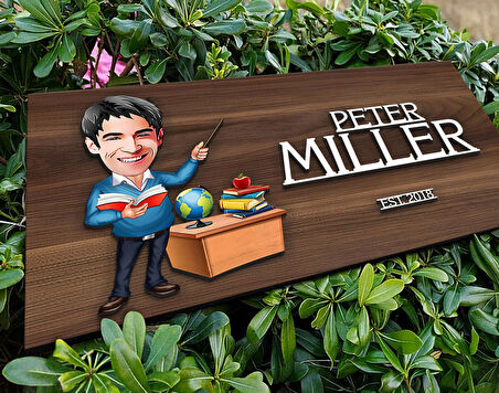 BK Gift Kişiye Özel Erkek Öğretmen Karikatürlü Kabartma Tasarım Antik Ceviz Ahşap Tabela-4, Dekoratif Tabela, Rustik Ev Dekorasyonu, Duvar Dekoru