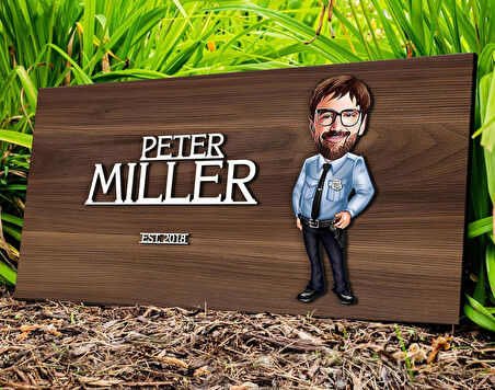 BK Gift Kişiye Özel Erkek Polis Karikatürlü Kabartma Tasarım Antik Ceviz Ahşap Tabela-1, Dekoratif Tabela, Rustik Ev Dekorasyonu, Duvar Dekoru