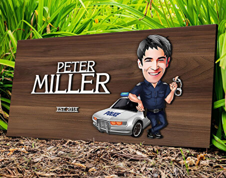 BK Gift Kişiye Özel Erkek Polis Karikatürlü Kabartma Tasarım Antik Ceviz Ahşap Tabela-2, Dekoratif Tabela, Rustik Ev Dekorasyonu, Duvar Dekoru