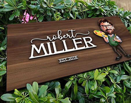 BK Gift Kişiye Özel Erkek Ressam Karikatürlü Kabartma Tasarım Antik Ceviz Ahşap Tabela-1, Dekoratif Tabela, Rustik Ev Dekorasyonu, Duvar Dekoru