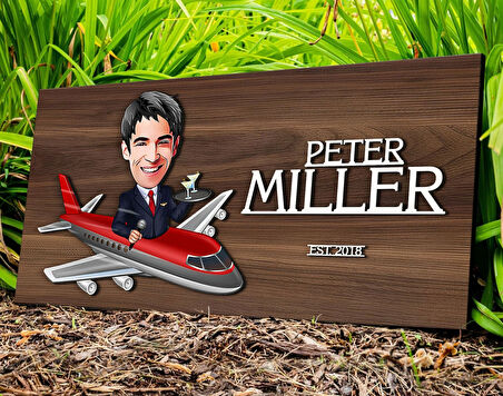 BK Gift Kişiye Özel Erkek Hostes Karikatürlü Kabartma Tasarım Antik Ceviz Ahşap Tabela-1, Dekoratif Tabela, Rustik Ev Dekorasyonu, Duvar Dekoru