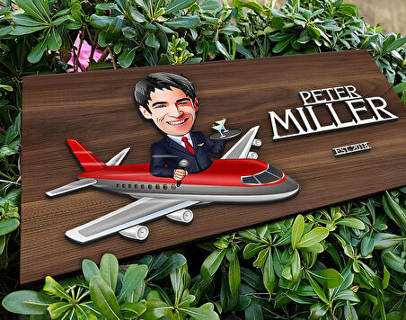 BK Gift Kişiye Özel Erkek Hostes Karikatürlü Kabartma Tasarım Antik Ceviz Ahşap Tabela-1, Dekoratif Tabela, Rustik Ev Dekorasyonu, Duvar Dekoru