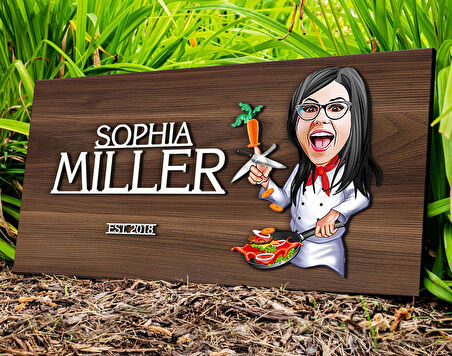 BK Gift Kişiye Özel Kadın Chef Karikatürlü Kabartma Tasarım Antik Ceviz Ahşap Tabela-2, Dekoratif Tabela, Rustik Ev Dekorasyonu, Duvar Dekoru