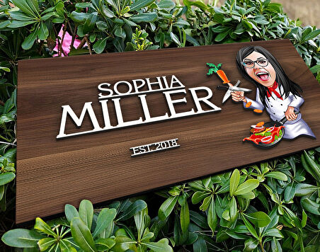 BK Gift Kişiye Özel Kadın Chef Karikatürlü Kabartma Tasarım Antik Ceviz Ahşap Tabela-2, Dekoratif Tabela, Rustik Ev Dekorasyonu, Duvar Dekoru