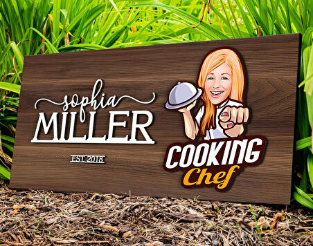 BK Gift Kişiye Özel Kadın Chef Karikatürlü Kabartma Tasarım Antik Ceviz Ahşap Tabela-9, Dekoratif Tabela, Rustik Ev Dekorasyonu, Duvar Dekoru