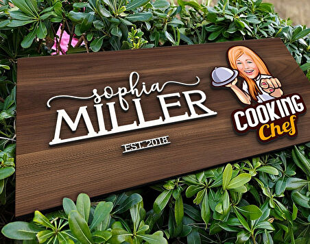 BK Gift Kişiye Özel Kadın Chef Karikatürlü Kabartma Tasarım Antik Ceviz Ahşap Tabela-9, Dekoratif Tabela, Rustik Ev Dekorasyonu, Duvar Dekoru