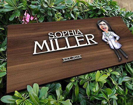 BK Gift Kişiye Özel Kadın Doktor Karikatürlü Kabartma Tasarım Antik Ceviz Ahşap Tabela-1, Dekoratif Tabela, Rustik Ev Dekorasyonu, Duvar Dekoru